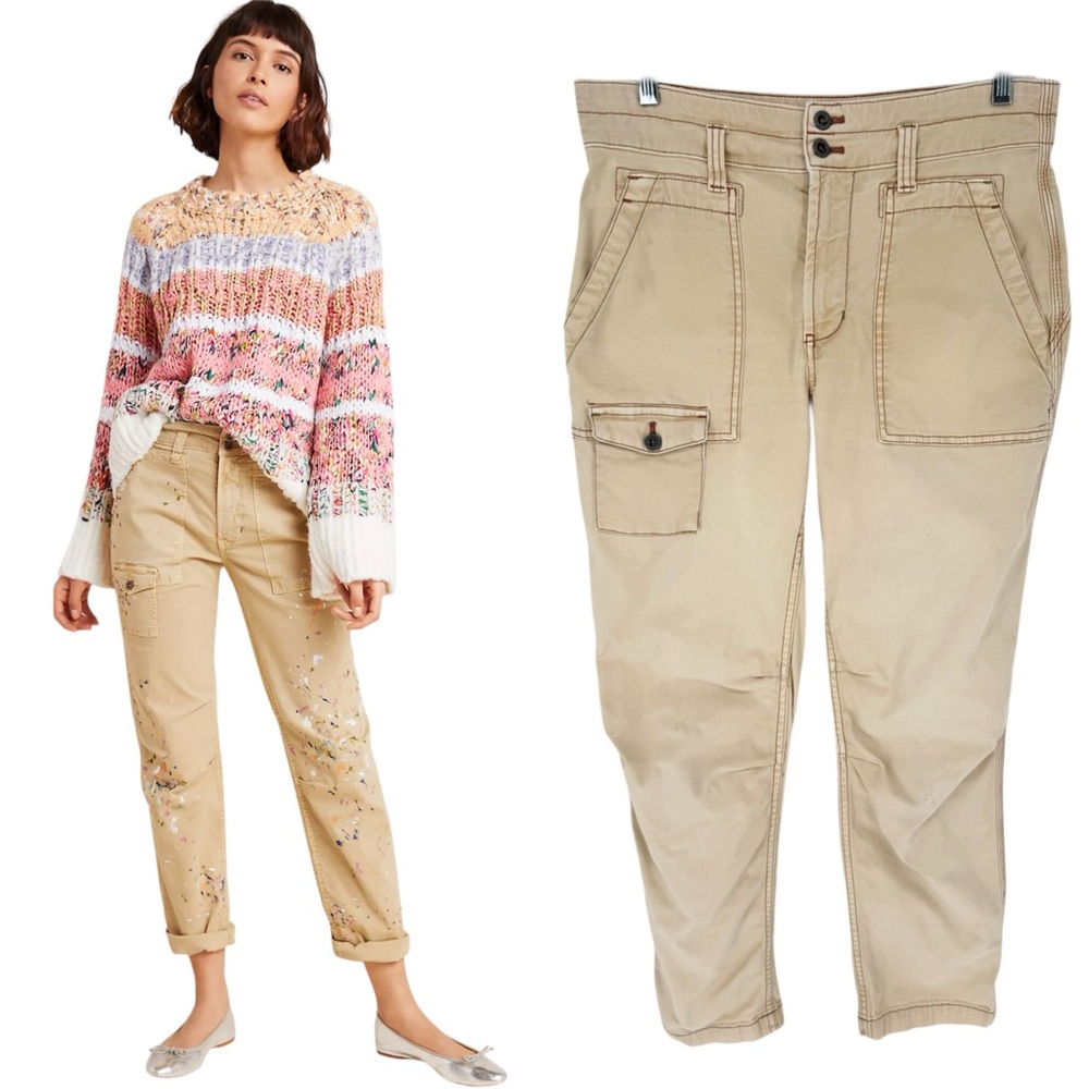 Anthropologie Wanderer Cargo Pants‎ Straight Leg Cream Size 28 Preppy Minimalist